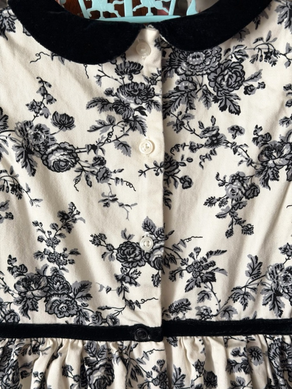 Janie and Jack Girls Cream and sugar Floral  toile Dress Black velvet Trim - Picture 10 of 11